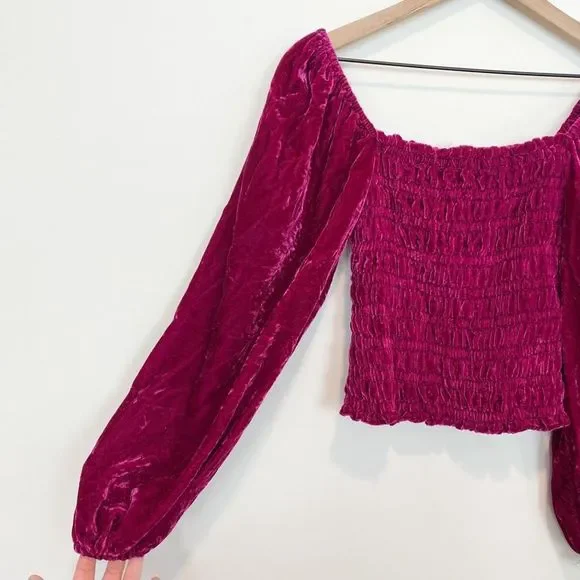 Anthropologie Magenta Pink Rose Smocked Velvet Puff Sleeve Peasant Blouse Ruffle - Picture 6 of 8